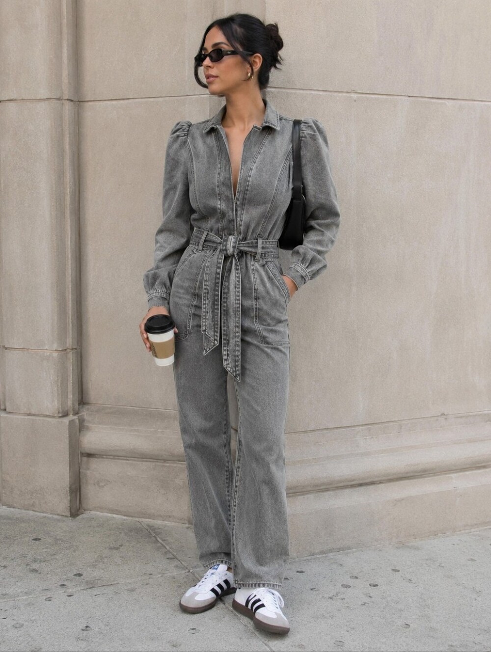 Express Puff Sleeve Tie Waist Gray Wash Denim Jumpsuit